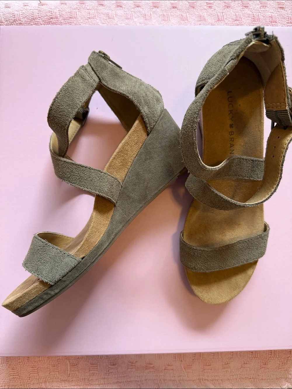 Lucky Brand Taupe Suede Wedge Sandals with Ankle Strap